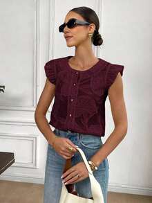 de moda con cuello redondo, abotonada, de manga corta y jacquard, para verano - Rojo - Ver 6