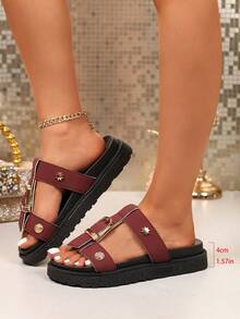 New Fashion Metal Buckle Decor, Open Toe, Platform Thick Bottom Slippers, Fashionable Slides, Comfortable Non-Slip, Versatile, Easy To Clean, Beach Sandals, Suitable For Daily Wear - Wine-red Leather - View 8