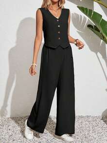 Chaqueta Tipo Chaleco Con Botones En La Parte Delantera Y Pantalones Anchos - Negro - Ver 4
