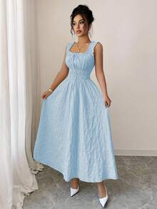 New Women's Texture Flower Fabric, Strap Bow Waist Design - Elegant And Versatile Women's Dress - Elegant Party Women's Dress, Date Night, One Piece, Shopping Festival, New Year Daily, Party, Wedding Night, Fashionable And Versatile, Simple And Elegant - màu xanh nhạt - Xem 6