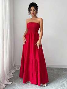 Vestido de verano casual sin tirantes para mujer - Rojo - Ver 6