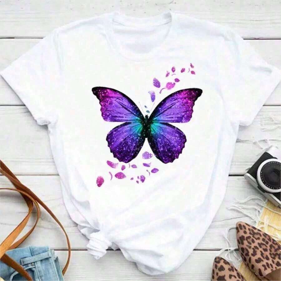 Women's T-Shirt With Colorful Butterfly And Petal Print For A Super Happy Summer, Fashionable Short Sleeve Round Neck T-Shirt, Cute Cartoon T-Shirt For Women, Women's Clothing - 巧克力棕 - 查看 1