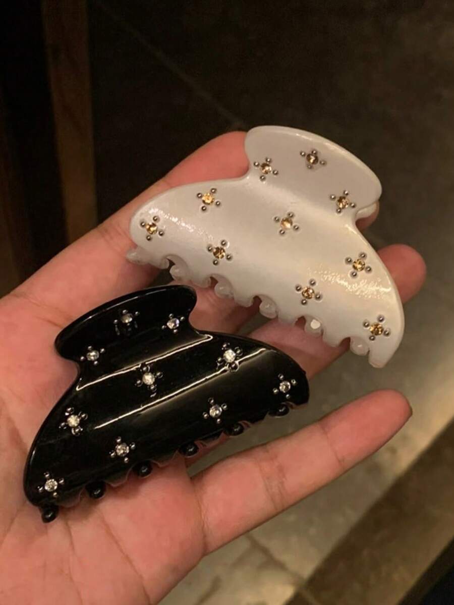 2pcs/1pc Women's 6cm/2.36in Medium Black & White Rhinestone Hair Clips, Elegant Plastic Hair Accessories, Versatile For Daily, Casual, Party, Commute, Beach, Ponytail, Bun, Washing Face, Makeup, Outfit Matching, Clean Girl Aesthetic - Black and White - View 1