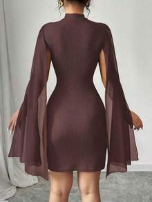 Vestido de capa ajustada con cuello mao de unicolor - Marrón - Ver 2