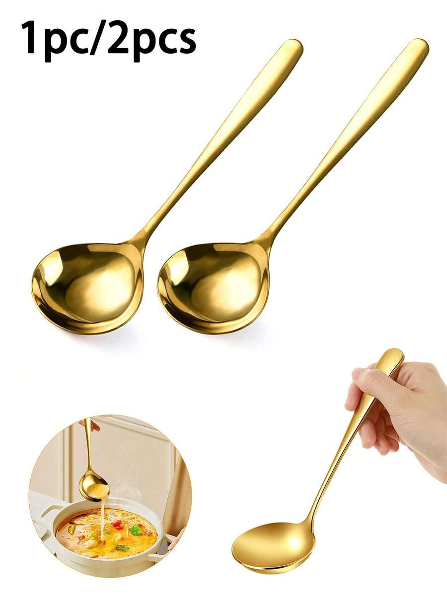 1件/2件 不鏽鋼金色湯勺,金色服務勺 - 附手柄,大容量湯匙,廚房工具,肉汁勺,醬汁勺,肉汁勺,適用於烹飪 - 洗碗機適用,攪拌與盛湯,火鍋和沙拉 - 金色 - 查看 1