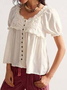 Blusa holgada de manga corta de unicolor tejida de estilo casual para mujer - Beis - Ver 7