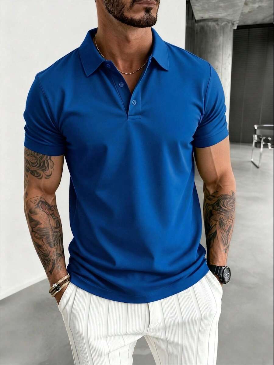 Men's Solid Color Short Sleeve Casual Commuter Polo Shirt, Summer - Blue - View 1
