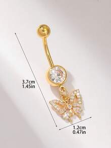 1个镶满水钻的可爱蝴蝶结镀金不锈钢肚脐环，适合女性日常佩戴、情人节礼物、生日派对配饰 - 金黃色 - 查看 4