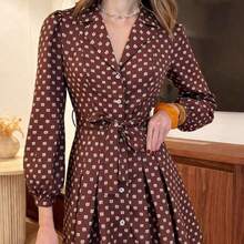 PariChic Women's Elegant Coffee-Colored Long-Sleeved Dress With A Romantic All-Over Rose Print, Featuring A Bow Belt, Front Buttons, And A Stylish Design Suitable For Autumn/Winter, Spring/Summer, Vacations, Valentine's Day Dates, Birthdays, A-Line Silhouettes, And Cute, Romantic Puff-Sleeved Short Dress - Albaricoque - Ver 5
