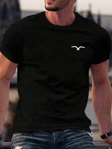 Camiseta de manga corta casual de hombre con estampado de gaviota, de verano - Negro - Ver 1