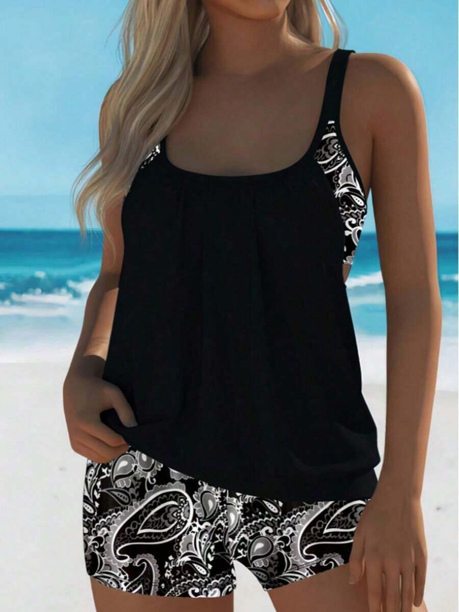 Conjunto de tankini de 2 piezas con estampado de moda para mujer, traje de baño de copa completa con tirantes ajustables, estilo bohemio, adecuado para playa y piscina, elegante y encantador, perfecto para vacaciones de verano en Hawái - Negro - Ver 1