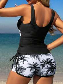 Traje de baño de mujer para vacaciones de primavera, estampado tropical de plantas, short estilo chico con camisilla incluida, bikini - Blanco y Negro - Ver 2
