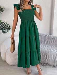 Nuevo vestido midi de unicolor con cuello cuadrado, casual, con espalda descubierta, volantes y sin mangas, color caqui, elegante para primavera/verano - Verde Oscuro - Ver 3