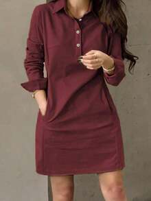Vestido corto elegante de mujer con manga larga, estilo de moda casual con solapa y decoración de botones, para primavera y otoño - Rojo violeta - Ver 6