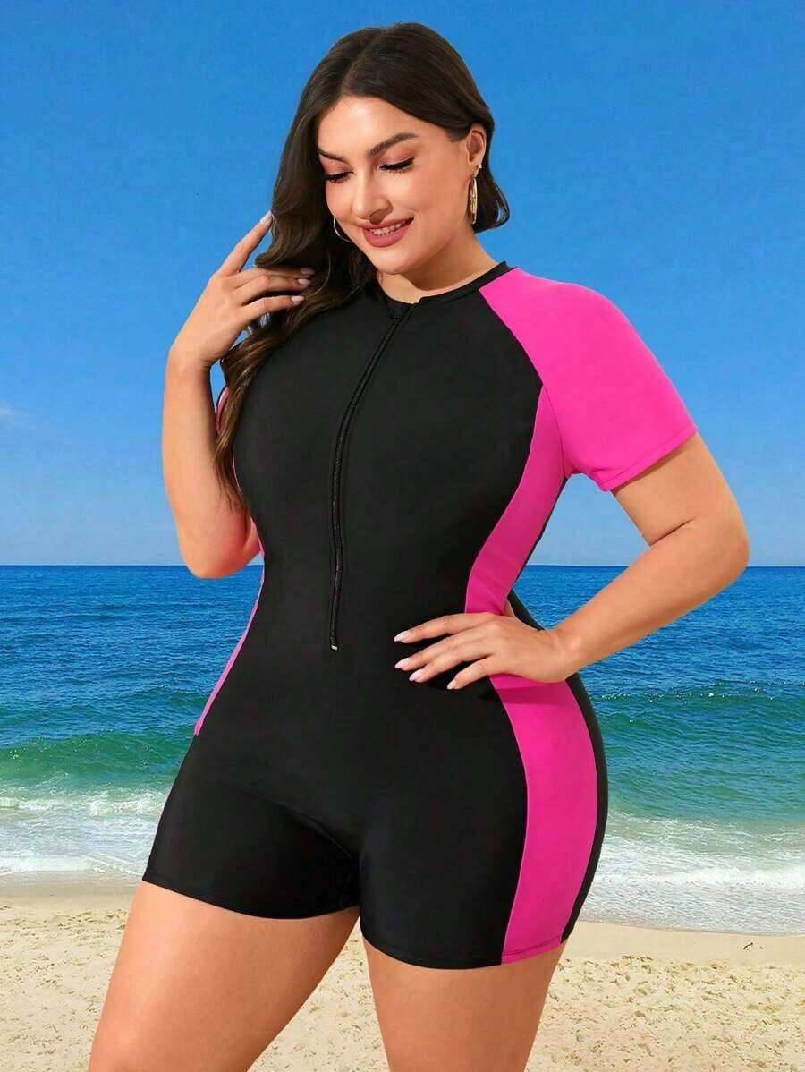 Swim SPRTY Traje de baño enterizo de una pieza con mangas cortas y color contrastante, talla grande shorts, adecuado para vacaciones en tallas grandes para mujer - Rosa Roja - Ver 1