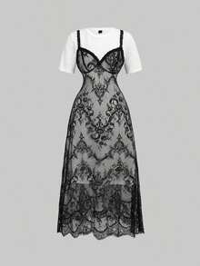 MOD Vestido de manga corta, cuello redondo, ajuste holgado y casual con camiseta interior de encaje, para uso diario, hippie, té, encaje, salir, vestido casual - Blanco y Negro - Ver 12