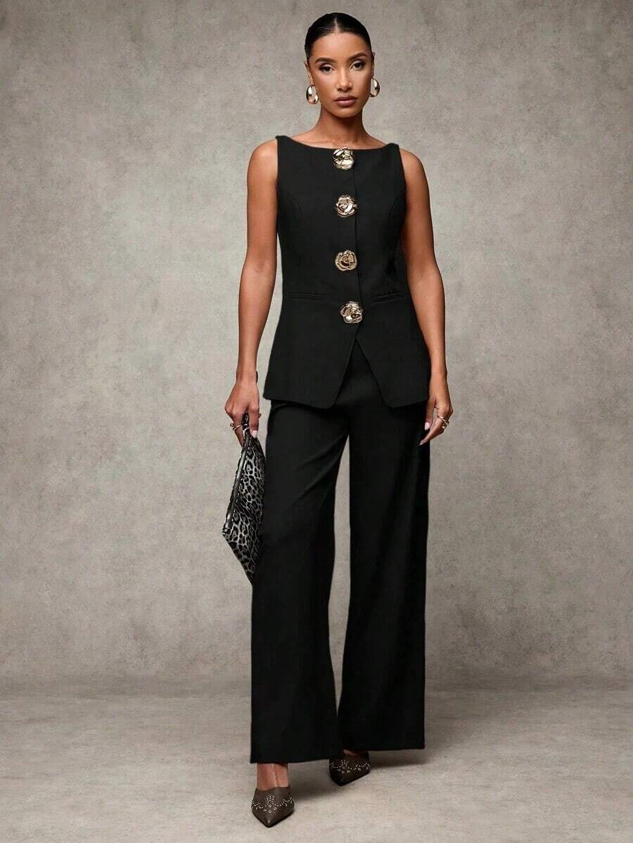 Traje de pantalón sin mangas negro para mujer con detalles de botones dorados con rosas, casual de negocios para otoño/invierno - Negro 2 - Ver 1
