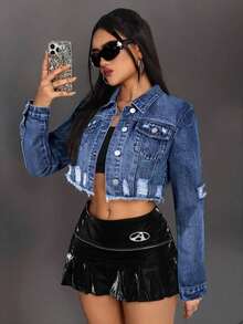 ICON Chaqueta corta de jean, casual y de moda para el uso diario - Azul lavado oscuro - Ver 6