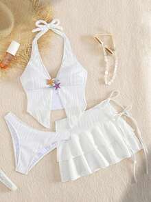 Conjunto de traje de baño de 3 piezas con camiseta de tirantes, bikini y falda de tela texturizada con decoración de estrella de mar en unicolor, para verano y vacaciones en la playa, color blanco - Blanco - Ver 1