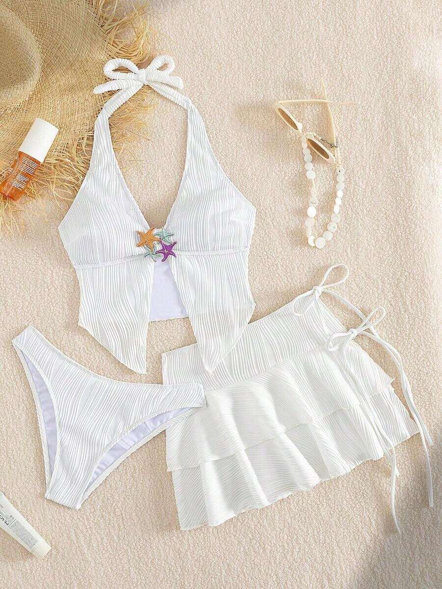 Conjunto de traje de baño de 3 piezas con camiseta de tirantes, bikini y falda de tela texturizada con decoración de estrella de mar en unicolor, para verano y vacaciones en la playa, color blanco - Blanco - Ver 1