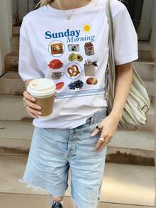 Sunday Morning Brunch Graphic Tee, Cozy Weekend Food Print T-Shirt, Cottagecore Aesthetic Casual Short Sleeve, Whimsical Lazy Day Vibe Top - Blanco - Ver 1