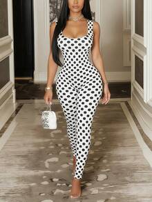 Bộ jumpsuit không tay, hở lưng, ôm sát, in chấm bi của DOUCIU, phong cách hộp đêm. - trắng - Xem 4