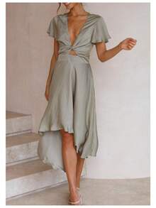 Vestido Mujer Elegante Moda Verano Cuello V Manga Corta Diseño Irregular Estilo Sensual - Verde - Ver 3