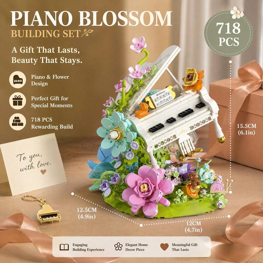 Bộ xếp hình đàn piano và hoa cao 15,5cm gồm 718 mảnh, kiểu dáng Ins, mô phỏng chân thực đàn piano mini với hoa và chi tiết hình gấu, đồ chơi thủ công tự làm giúp giảm căng thẳng cho người lớn, thích hợp làm quà tặng sinh nhật/Ngày Valentine/Kỷ niệm/Bạn thân/Trang trí bàn làm việc tại nhà. - Nhiều màu - Xem 1