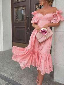Vestido largo hombros al descubierto con estampado de lunares estilo sensual otoño - Rosa - Ver 4