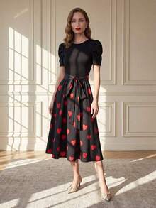 Vestido de verano de longitud media con estampado floral elegante y patchwork para mujer - Rojo y negro - Ver 6