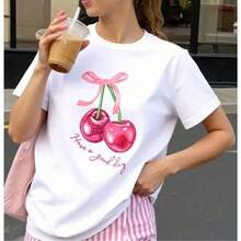 Blusa oversize mujer estampado cerezas rosadas - manga corta verano - algodón ligero cómoda outfits casual vacaciones - Blanco - Ver 4