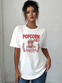 Camiseta Vintage de Mujer "Popcorn Girly Social " - Estampado Retro de Palomitas y , Manga Corta y Cuello Redondo, Blusa Casual para Verano y Primavera, Ideal para Noches de Cine y Fiestas Temáticas - [Blanco] - Ver 1
