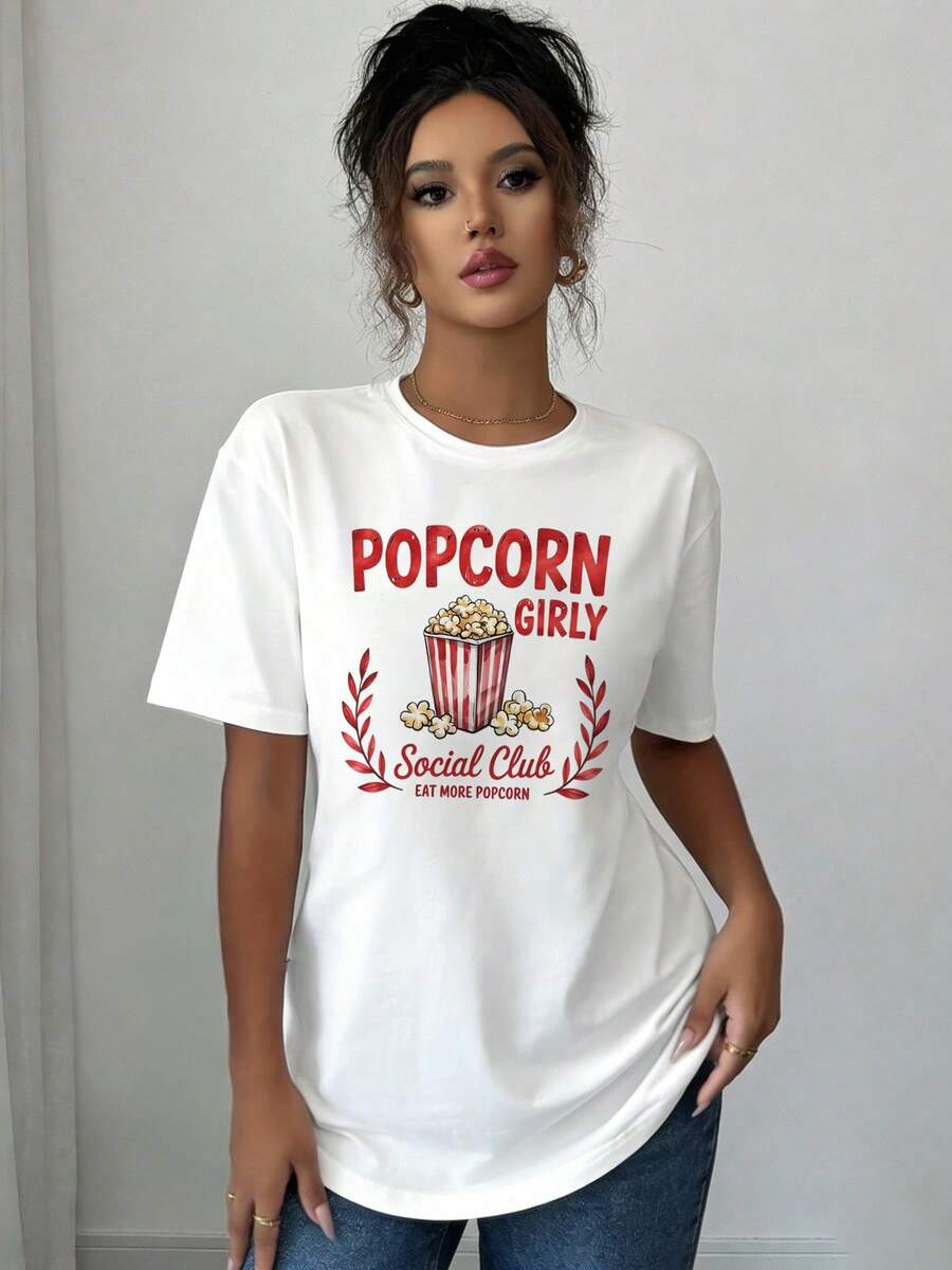 Camiseta Vintage de Mujer "Popcorn Girly Social " - Estampado Retro de Palomitas y , Manga Corta y Cuello Redondo, Blusa Casual para Verano y Primavera, Ideal para Noches de Cine y Fiestas Temáticas - [Blanco] - Ver 1