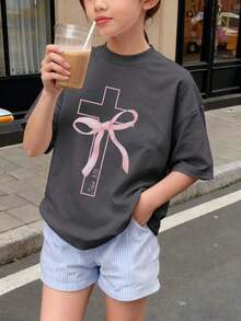1 pieza de camiseta de manga corta con cuello redondo y estampado de mariposas y cruces para niñas, ropa de verano para estudiantes jóvenes - inspira la imaginación y la autoexpresión. - Gris oscuro 2 - Ver 6