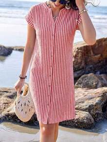Vestido camisero de verano para mujer, de manga corta, cuello en V y rayas, hasta la rodilla, vestidos de verano para mujer, vacaciones - Multicolor - Ver 6
