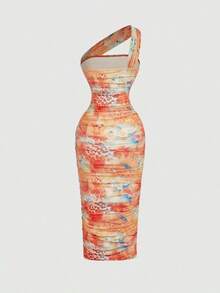 Vestido de malla de longitud media con un hombro, fruncido y efecto ombré - Multicolor - Ver 4
