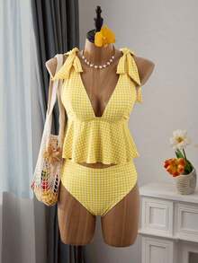 Mod Conjunto de traje de baño de 2 piezas para mujer con top corta de tirantes finos con estampado de cuadros y nudo delantero, y Bottom tipo bikini con cordón en la cintura, para verano - Amarillo - Ver 4