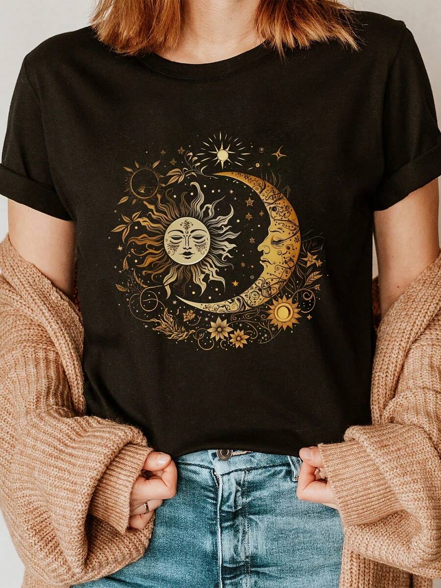 Camiseta de manga corta con cuello redondo y estampado de cara, luna, moda y letras, top casual para verano y primavera, ropa de mujer - Negro - Ver 1