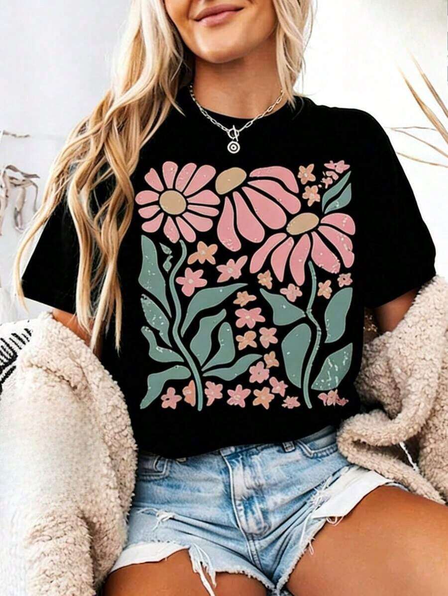 Boho Daisy Print T-Shirt, Botanical T-Shirt, Boho T-Shirt, Wildflower Print T-Shirts, Retro Floral Print T-Shirts, Gifts For Gardeners, T-Shirts - 黑色 - 查看 1