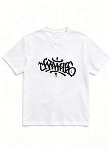Envío local:Playera Blanca para Mujer con Estampado de Letras Graffiti, Camiseta Básica Manga Corta Cuello Redondo Cómoda para Verano, Estilo Casual Urbano - Blanco - Ver 3