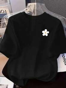 Camiseta holgada de cuello redondo con margaritas bordadas para mujer, corte holgado informal, favorecedora y versátil para salidas diarias y - Blanco - Ver 6