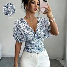 Women's Elegant Floral Print Waist Fitted T-Shirt, Summer - Multicolor - Ver 4
