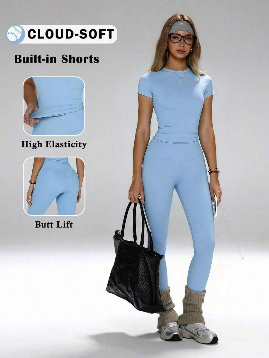Conjunto de yoga para mujer, pantalones deportivos de cintura alta, conjunto deportivo moldeador de 2 piezas, conjunto de yoga con control de abdomen, camiseta de cuello redondo ajustada emparejada con pantalones de yoga de cintura alta, conjunto esen - Azul - Ver 1