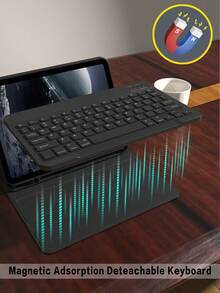Funda con teclado inalámbrico compatible con iPad, cubierta protectora de cuero desmontable con ranura para lápiz, función de suspensión/activación automática, teclado inalámbrico Bluetooth de 150 mAh, funda de soporte delgada y ligera - Negro - Negro - Ver 6