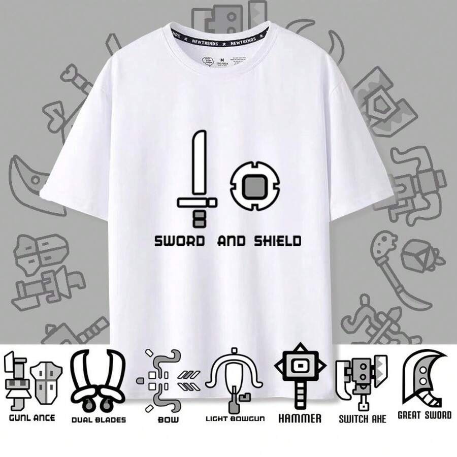 Camiseta de manga corta holgada unisex con cuello redondo y diseño de caza, inspirada en la espada grande de , para verano. - Negro - Ver 1