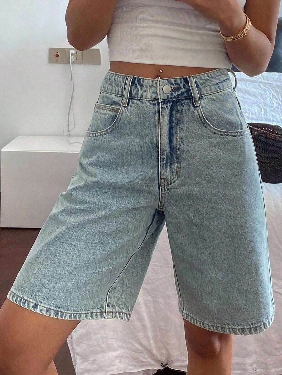 Shorts vaqueros tipo bermuda de talle regular, estilo casual de calle, sueltos, shorts vaqueros de verano - Lavado ligero - Ver 1