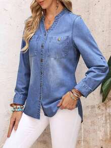 Camisa vaquera casual de mujer con cuello en V, abotonadura sencilla, dobladillo y puños - Azul 2 - Ver 4