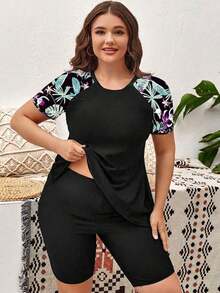 Swim Lushoire Conjunto de camiseta y shorts rashguard con estampado tropical de talla grande, adecuado para vacaciones de playa en verano - Multicolor - Ver 1