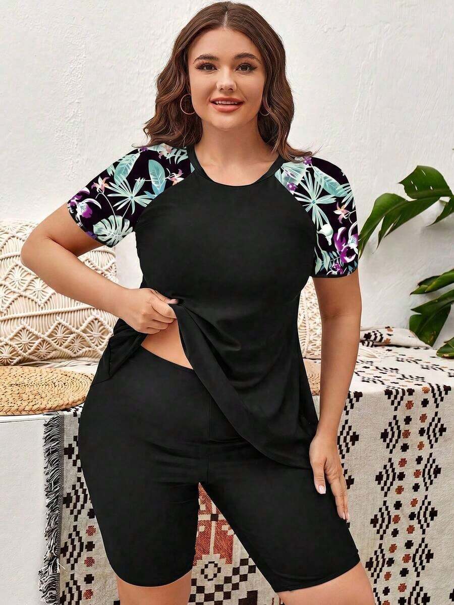 Swim Lushoire Conjunto de camiseta y shorts rashguard con estampado tropical de talla grande, adecuado para vacaciones de playa en verano - Multicolor - Ver 1