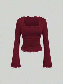 Conjunto de camiseta casual con cuello de encaje y mangas acampanadas estilo vintage francés para mujer, otoño - Multicolor 4 - Ver 4